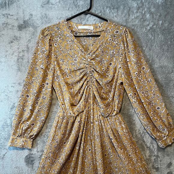Floral Midi Dress Yellow Ruched Front Pleated Skirt Cottagecore Indie Feminine M - Picture 2 of 8